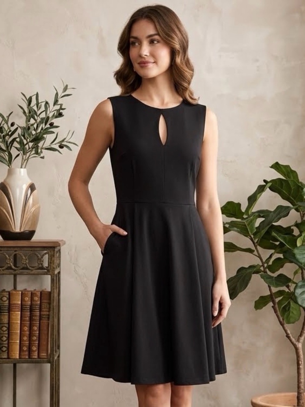 Cynthia Rowley Black Sleeveless Keyhole Fit-and-Flare Dress with Pockets